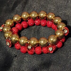Bracelet OS Stretch Set Women Red Gold Floral Rhinestone Beaded Boho